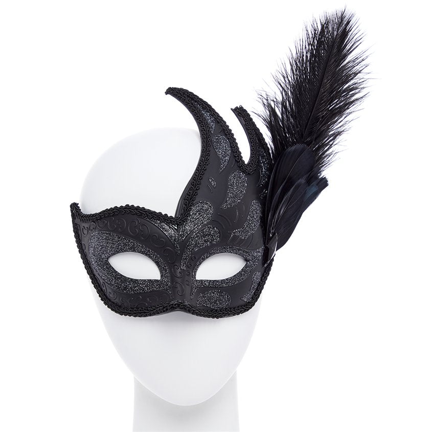   Ornate  Black Masquerade Mask for Women - Venetian Mask with Feathers front