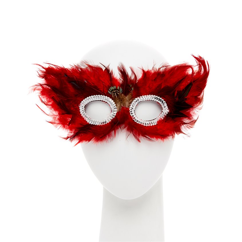 Red &amp; Black Masquerade Mask for Women - Venetian Mask with Feathers front