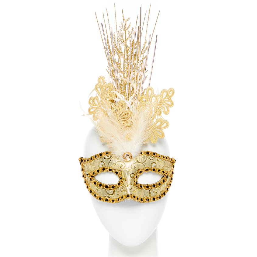 Gold Glitter Masquerade Mask for Women - Venetian Mask Sequins &amp; Feathers front