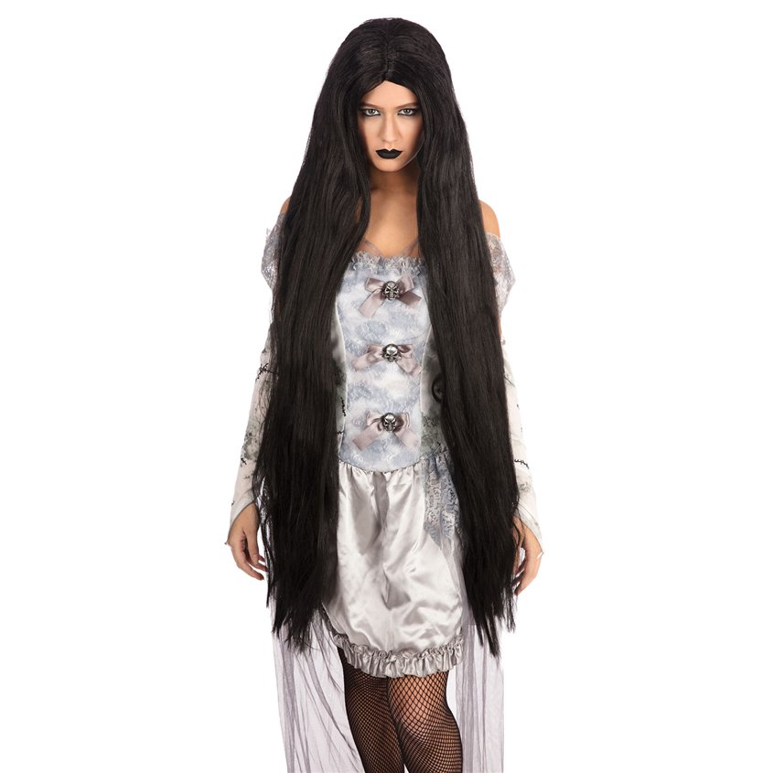 Extra Long  Black Wig - Womens Witch Halloween Fancy Dress Accessories front