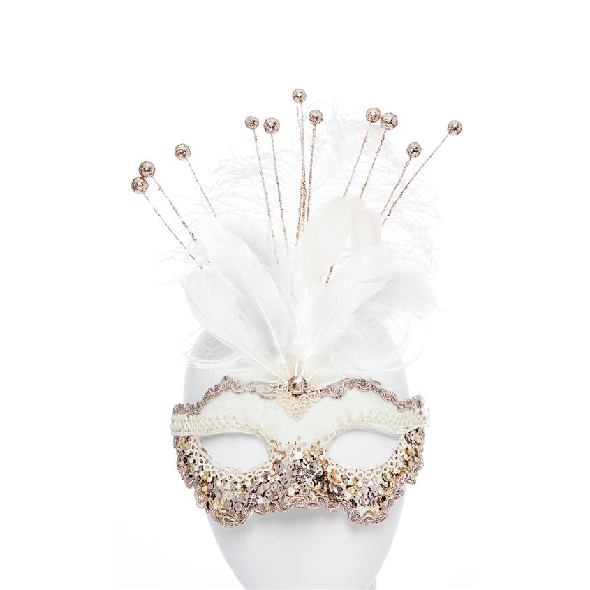 White Glitter Masquerade Mask for Women - Venetian Mask with Sequins &amp; Feathers front