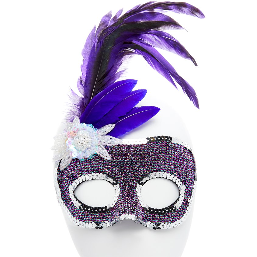 Purple &amp; Silver Masquerade Mask for Women - Venetian Mask with Feathers front