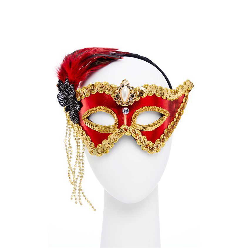 Red &amp; Gold Masquerade Mask for Women - Venetian Mask with Feathers &amp; Beads front