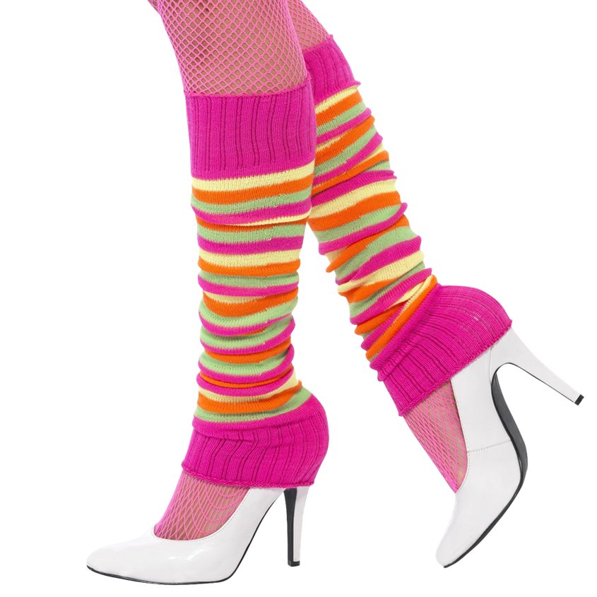 Neon Pink Striped Leg Warmers - 80's Fancy Dress Accessories front