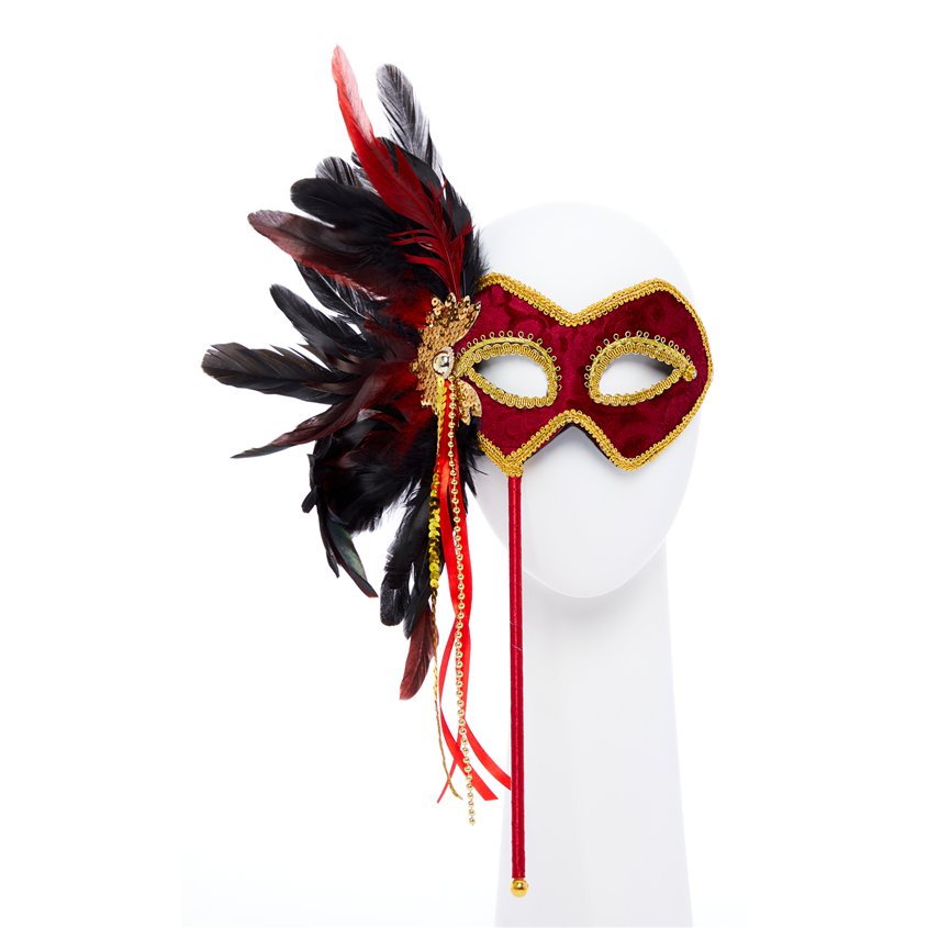 Red &amp; Gold Masquerade Mask for Women - Venetian Masquerade Masks on Sticks with Feathers front