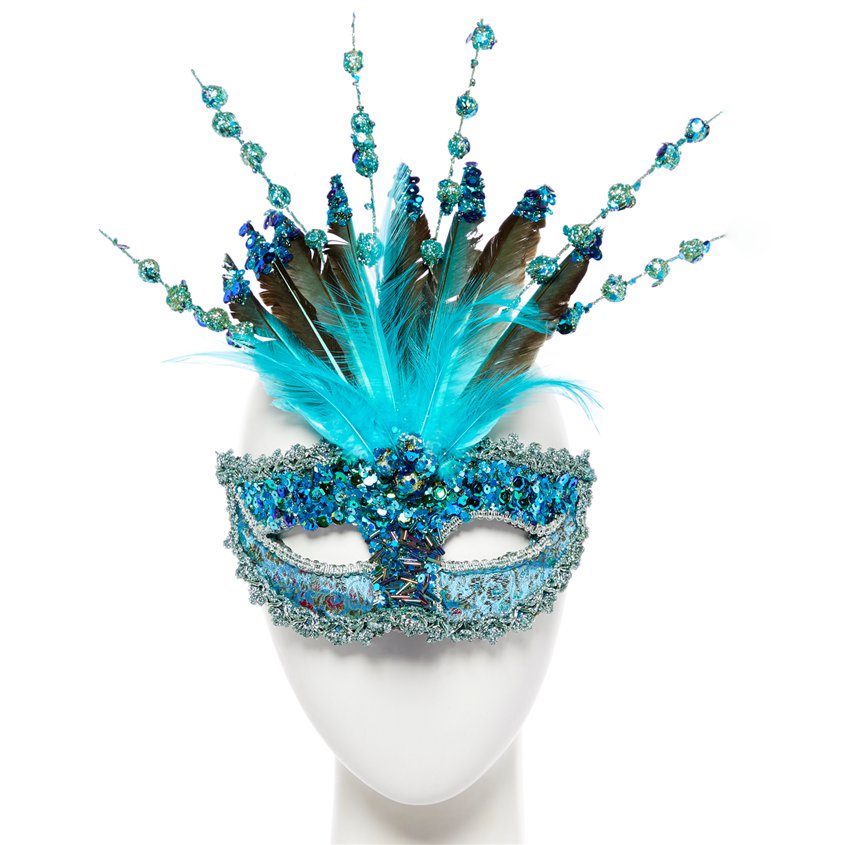 Turquoise Sequin Masquerade Mask for Women - Venetian Mask with Glitter &amp; Feathers front