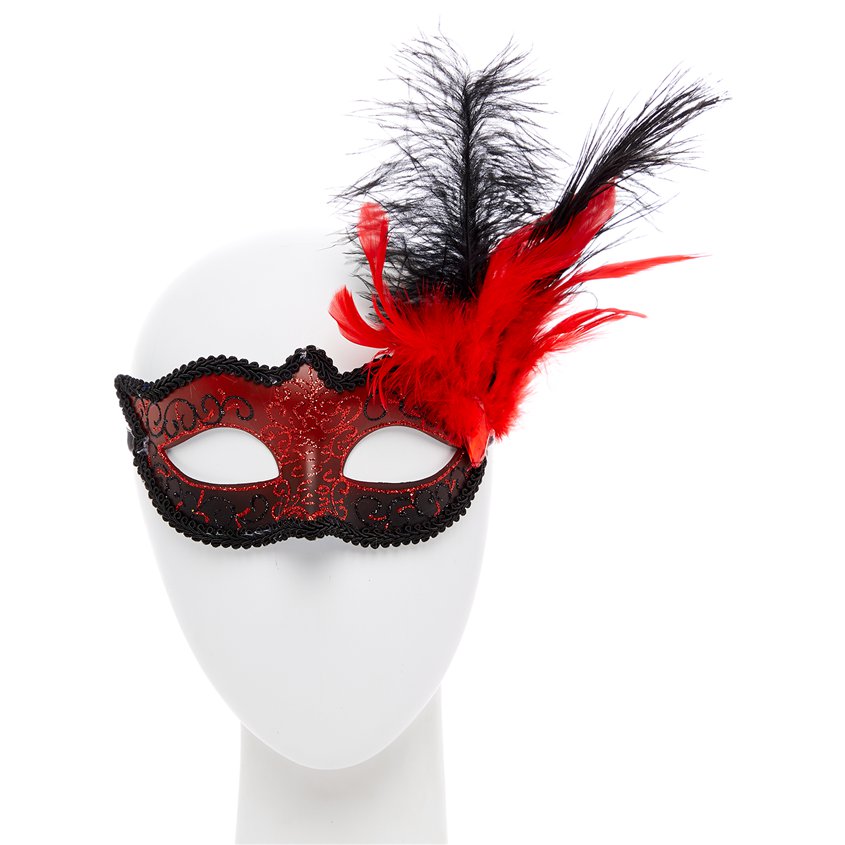 Glittery Red Masquerade Mask for Women - Venetian Mask with Feathers front