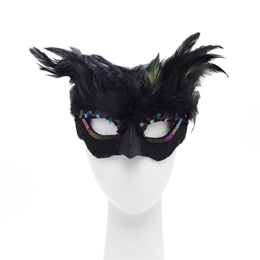 Raven Black Masquerade Mask for Women - Venetian Mask with Feathers front