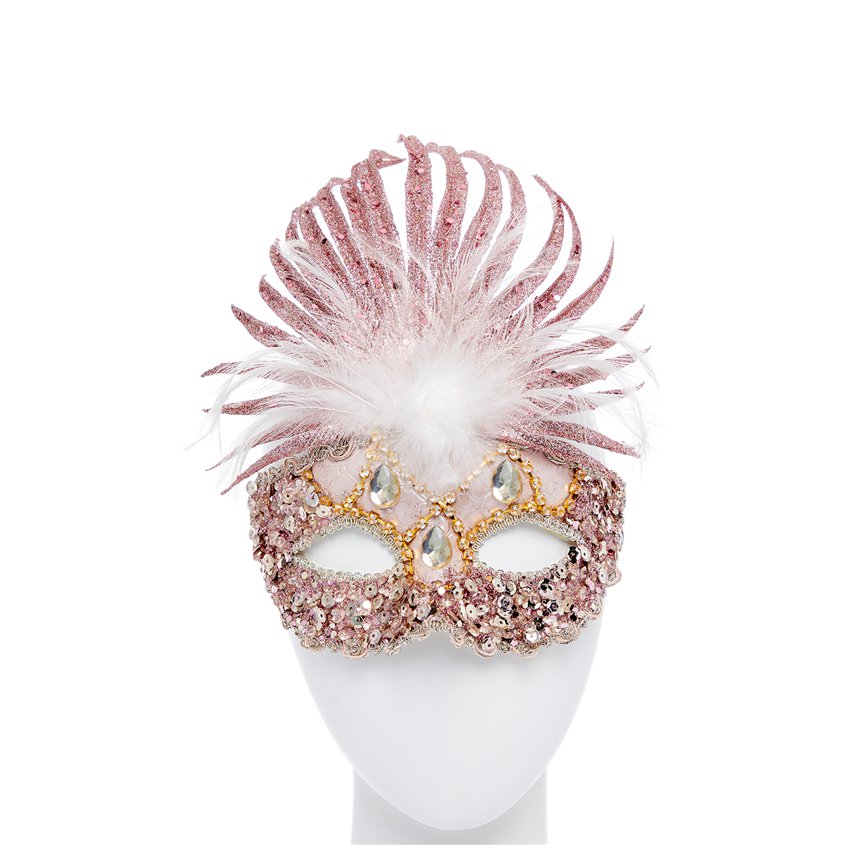 Pink Sequinned Masquerade Mask for Women - Venetian Mask with Glitter &amp; Feathers front