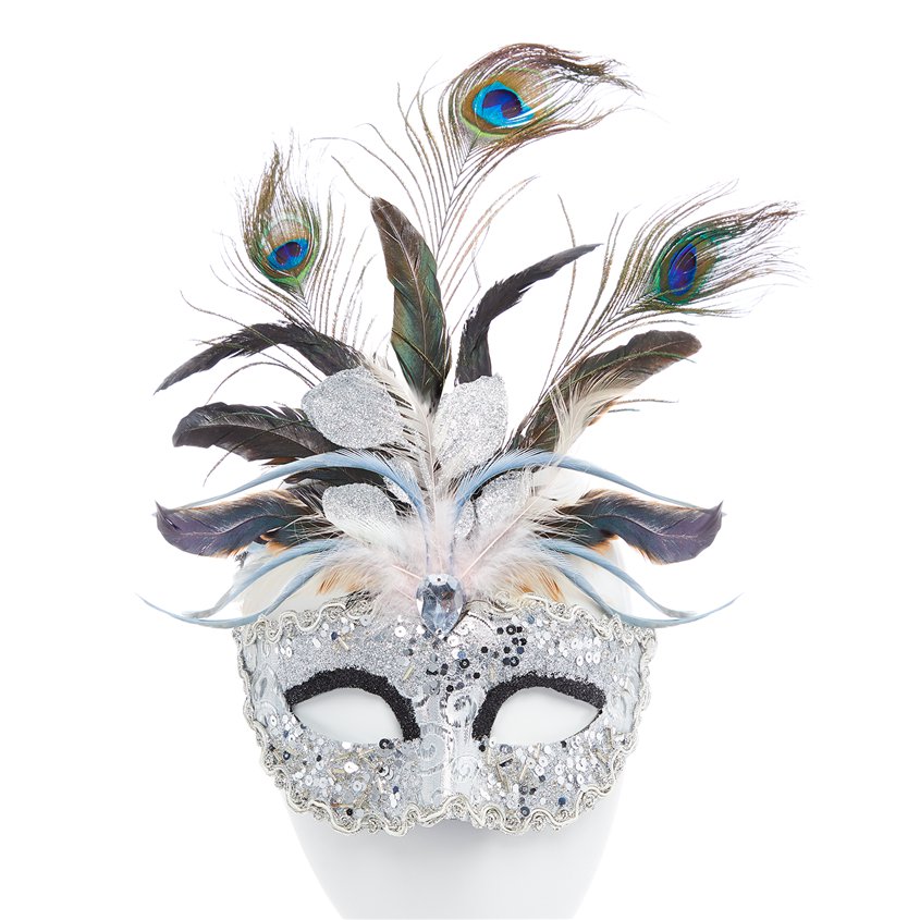 Silver Masquerade Mask with Glitter &amp; Peacock Feathers -  Women Venetian Mask front